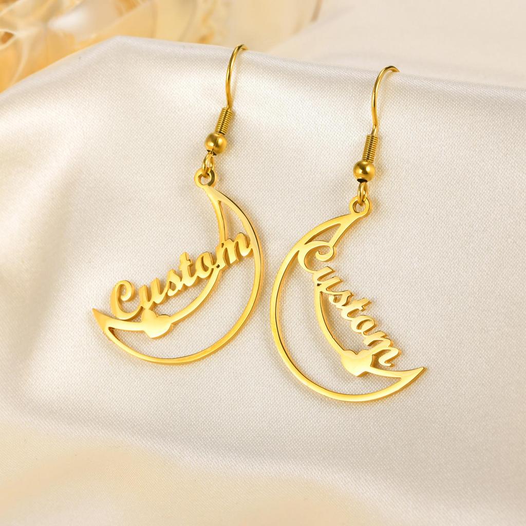 Free Personalized Moon Heart Shaped Name Custom Earrings for Women,Stainless Steel Waterproof Earrings,Fashion Jewelry Gifts