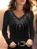Women's Plus Size Slim Fit V-neck Printed Long Sleeve T-shirt Base Shirt