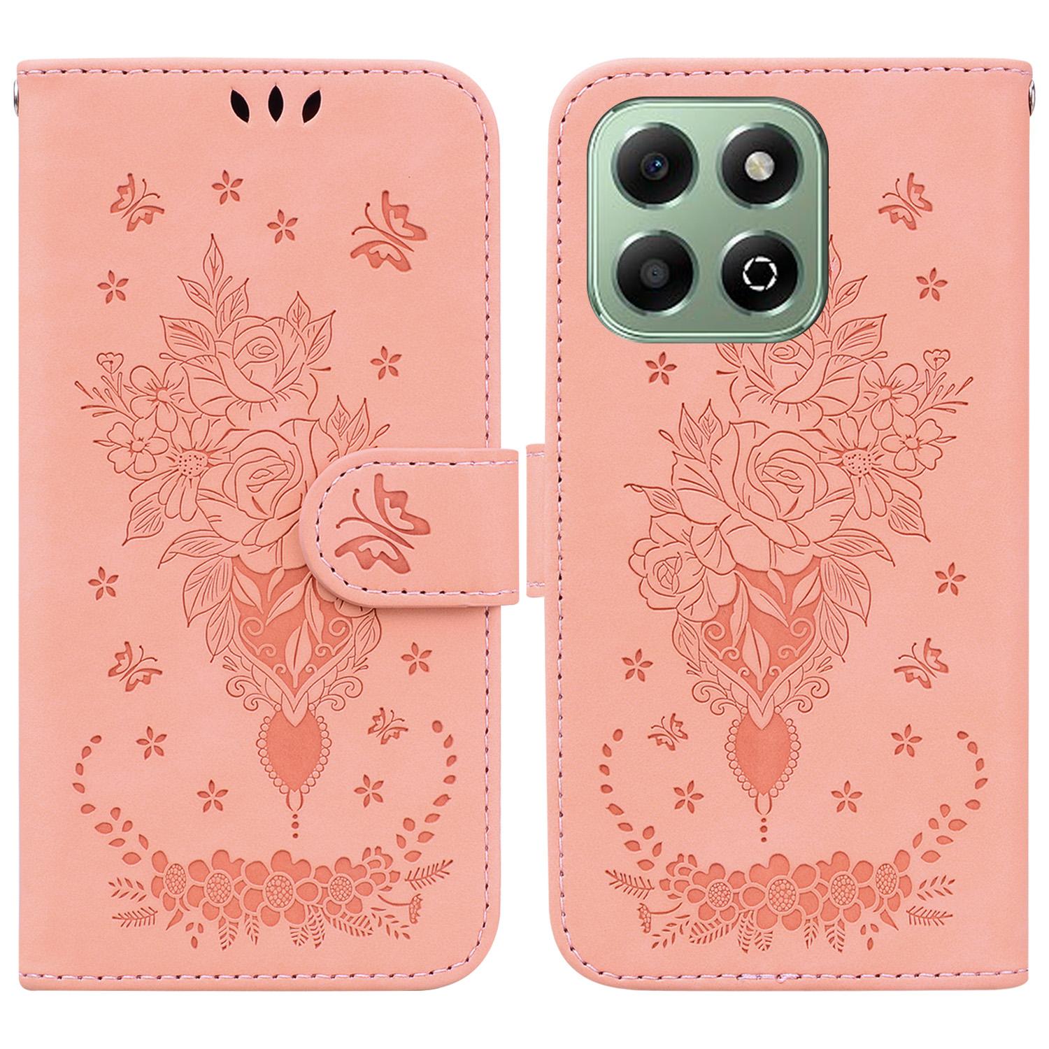 

For Honor X6b 4G Case PU Leather Wallet Phone Cover Butterfly Flower Imprint Pink