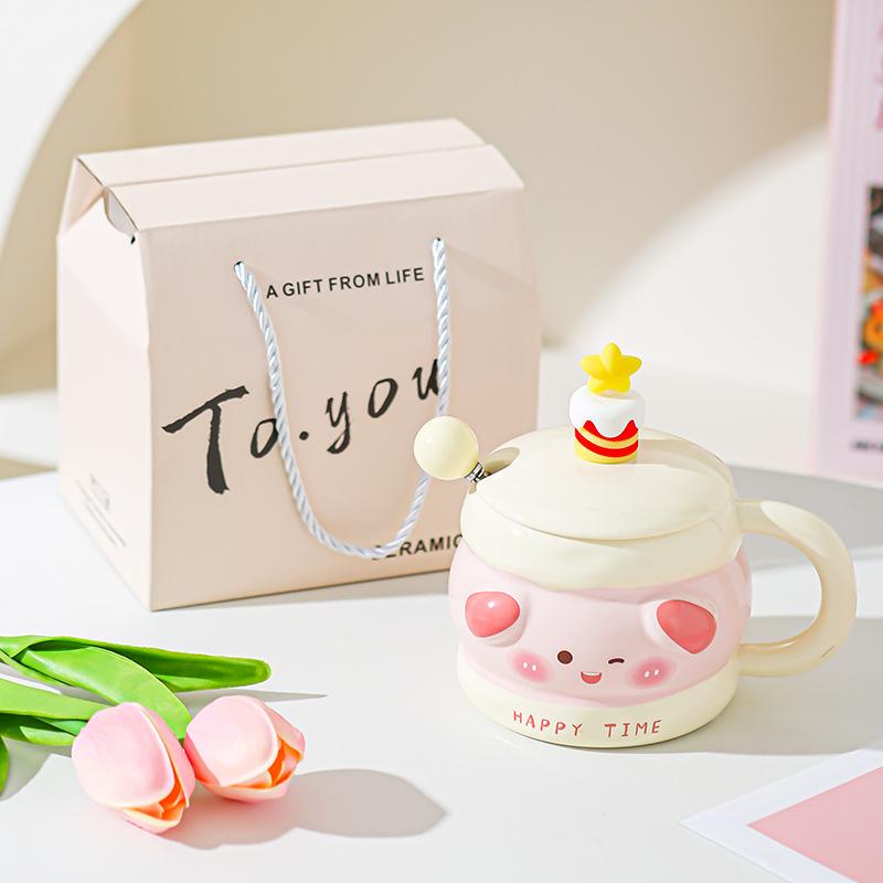 Cute Ceramic Water Cup Birthday Gift for Girls Super Cute and Beautiful Couple Mug with Lid Spoon Cup Souvenir