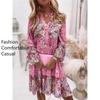 Flower Print Long Sleeve V Neck Casual Dress for Spring and Fall