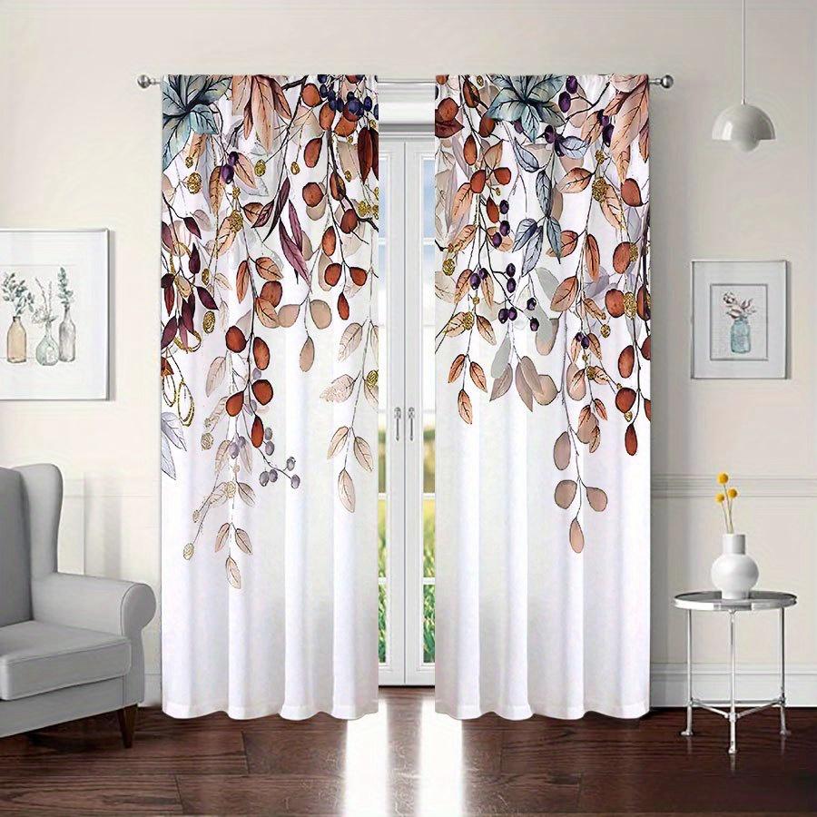 2pc Brown Leaf Print Curtains On White Background   Polyester Fabric   Machine Washable   Suitable for Living Room   Bedroom   Study