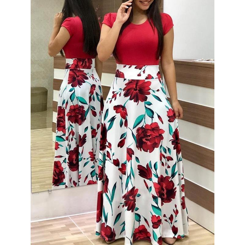 Blumenprint Farbabstimmung Langes Kleid Damenbekleidung S-5XL