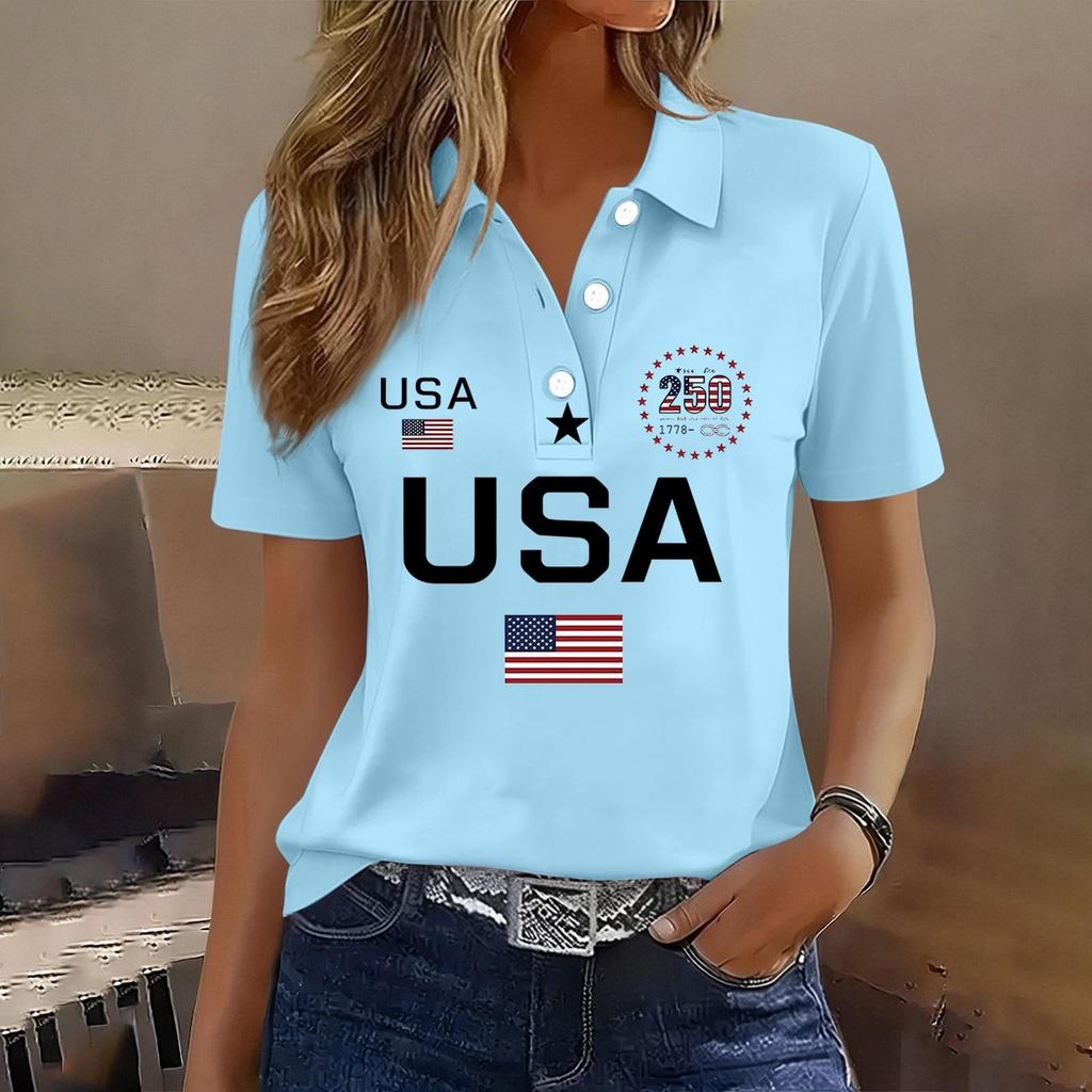 Damen Casual Kurzarm Knopf-Polohemd USA-Aufdruck 250. Jubiläum Grafik Leichtes Sommeroberteil
