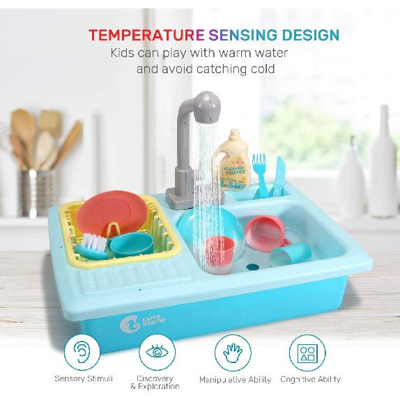 CUTE STONE Color Changing Kitchen Sink Toys, Children Electric Dishwasher Playing Toy with Running Water, Upgraded Faucet, Automatic Water Cycle