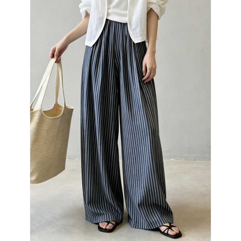 Women s Striped Linen Cotton Wide Leg Pants High Waist Loose Fit Casual Trousers with Elastic Waist M тёмно-синий