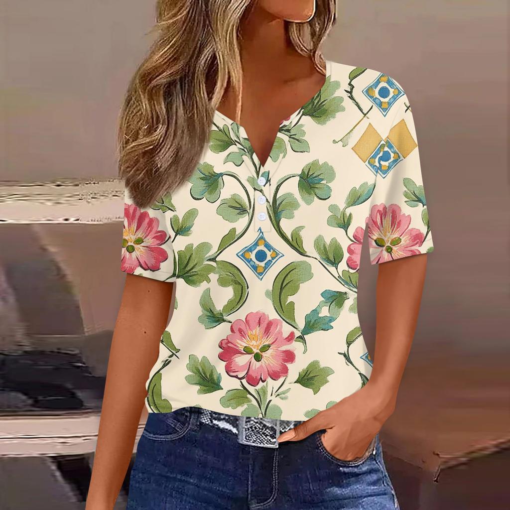 Women's T Shirt Print Button Short Sleeve Daily Weekend Fashion Basic V-Neck Regular Top