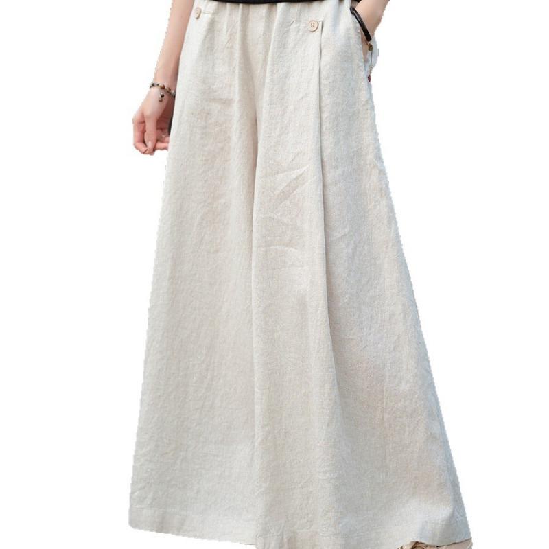 Women's Linen Blend Wide Leg Palazzo Pants Elastic Waist Casual Trousers