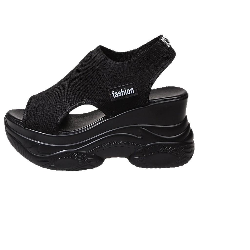 Summer New Knitted Fish Mouth Shoes Fairy Style Muffin Sole Elegant Flying Wedge Platform Sports Sandals