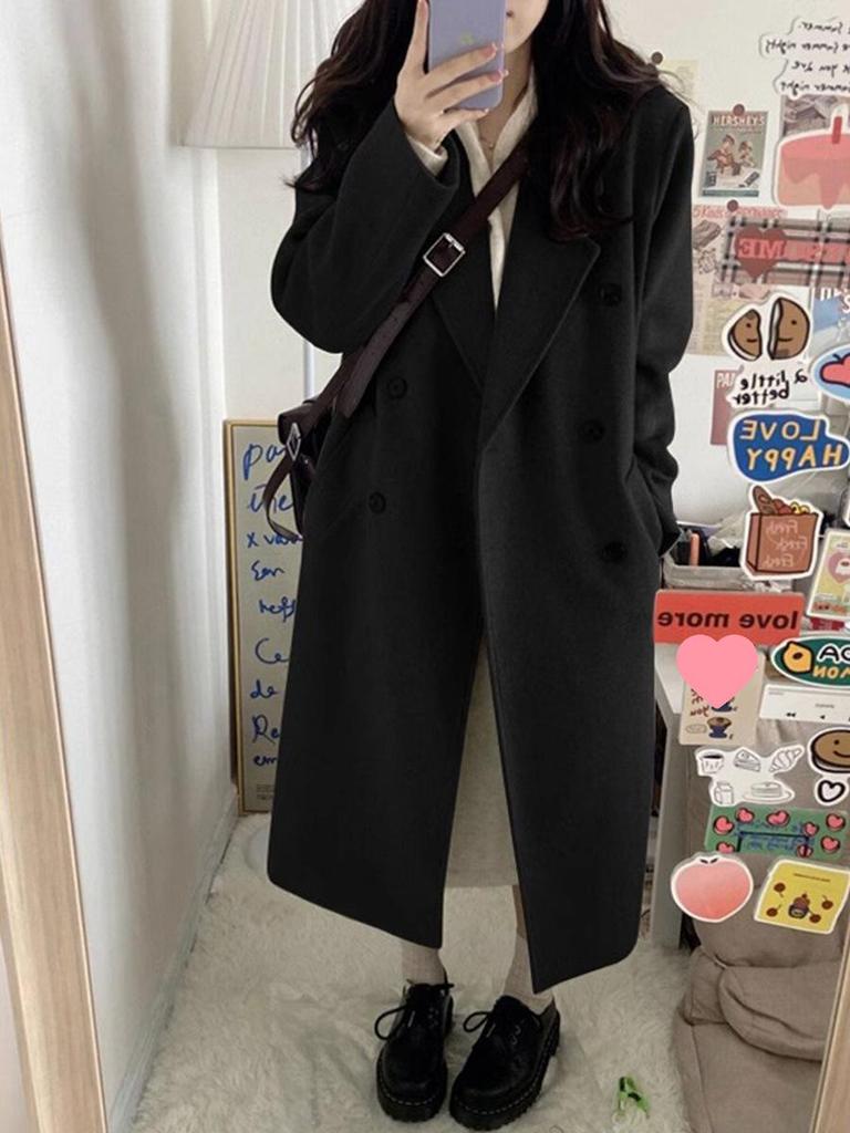Korean Style Black Woolen Mid-Length Coat for Petite Women - 2025 Winter Edition