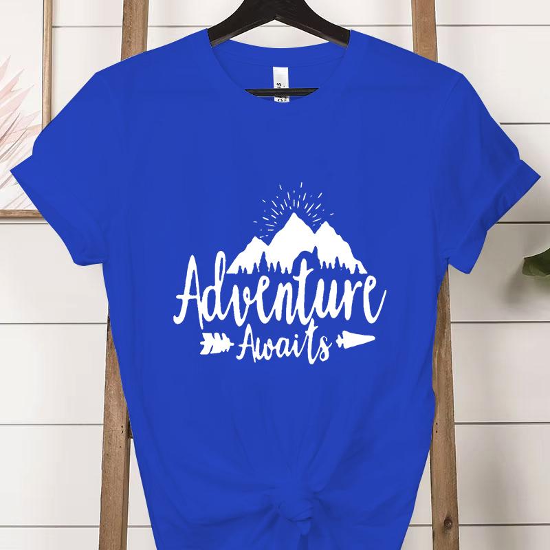 Adventure Awaits Crew Neck Short Sleeve Tshirt Women Mountain Outdoors Hiking Classic Tops Funny Camping Gifts Casual Tshirts