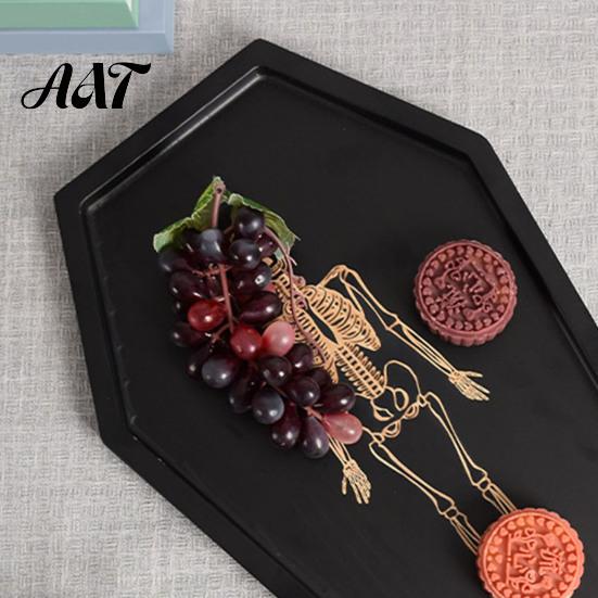 Solid Wood Trinket Tray Halloween Gothic Serving with Engraved Skeleton, Wooden Charcuterie Board, Casket Home Decor Accessories Shape Storage Platter