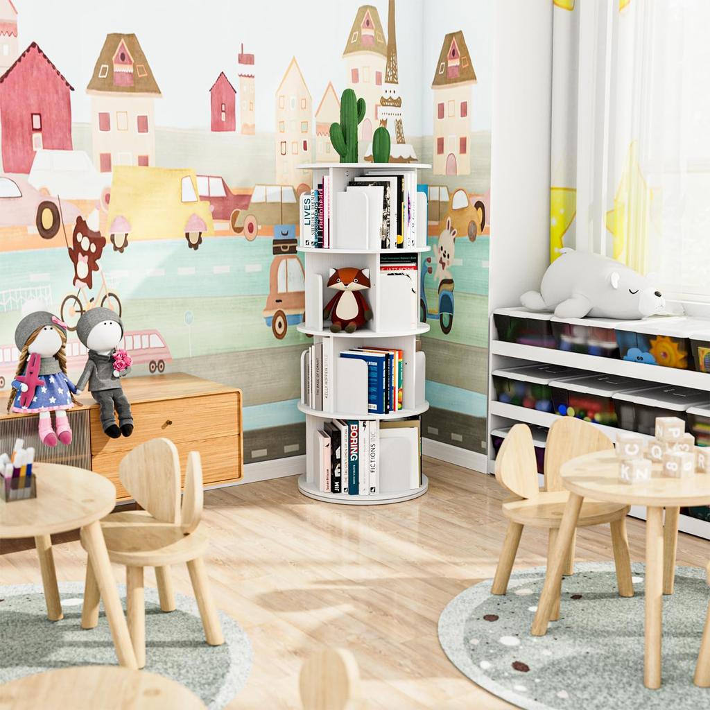 APPOLYN Rotating 4 Diameter Height To Hold A4 Comic Picture Storage Large CD DVD White Bookshelf, Bookshelf, Tiers, 40CMHeight 128CM, Paper, Rack,