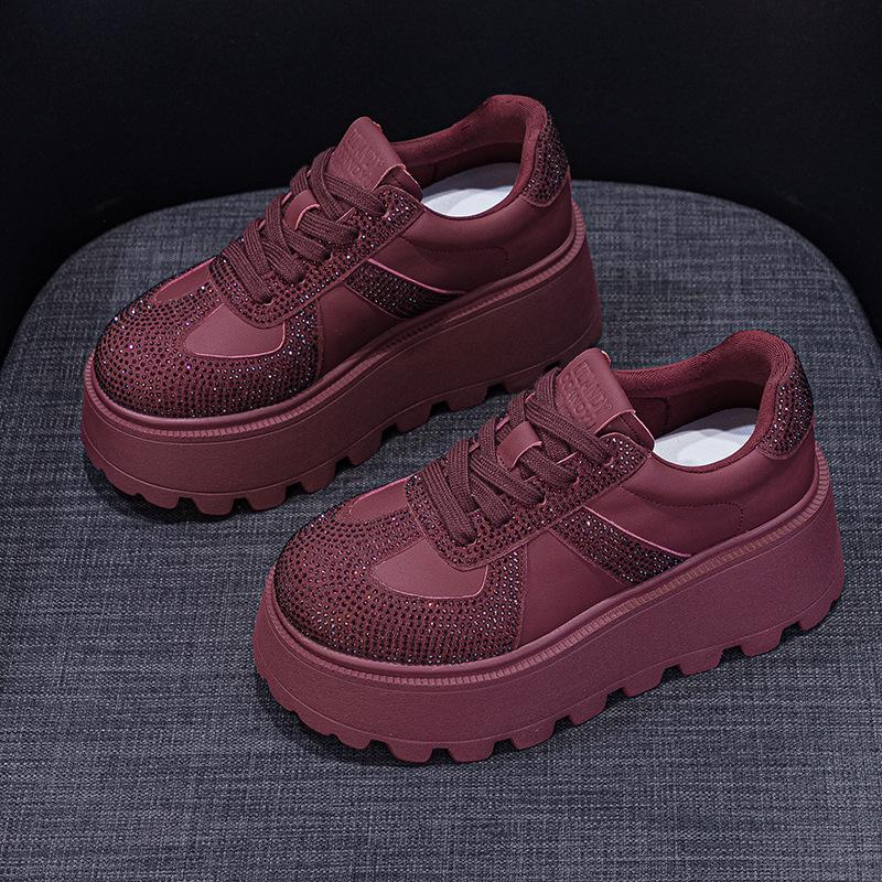 Thick-soled heightening German training shoes women's 2025 autumn models retro matte leather plus rhinestones casual fashion sports board shoes wome
