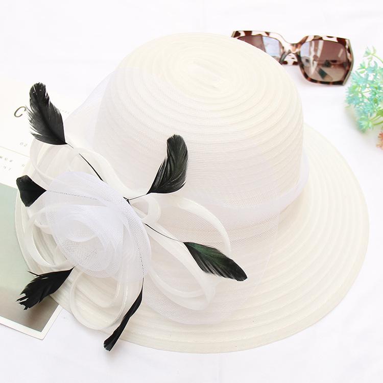 Eugen Top Hat Spring Summer Feather Flower Fashion Wedding Hat Big Brim Dome Beach Sun Hat