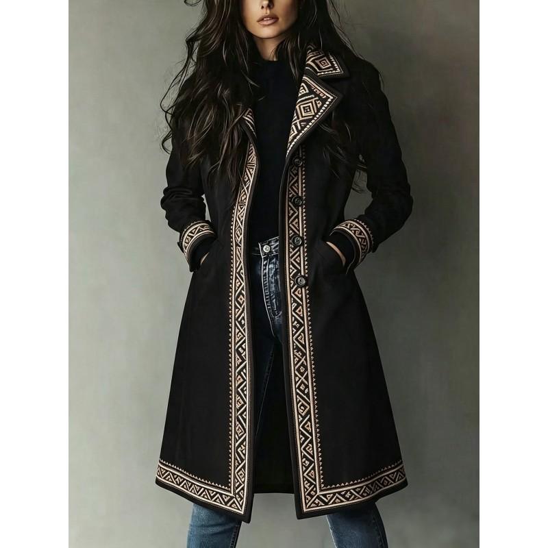 2026 Fall Winter Womens Faux Suede Trench Coat Printed Turn Down Collar Loose Fit Outerwear