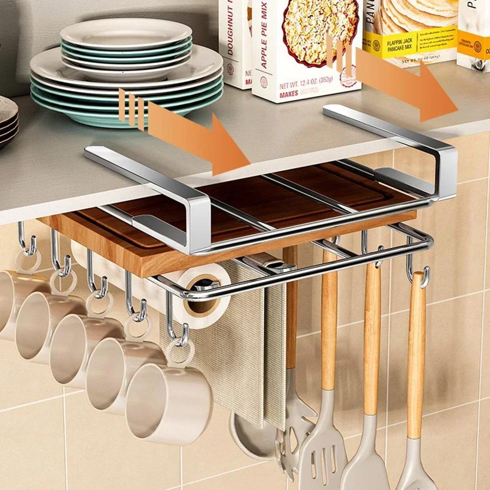 Kitchen Stainless Steel Wall Hanging Rack Under Cabinet Paper Towel Holder Pot Lid Storage with Hooks Space Saving Organizer