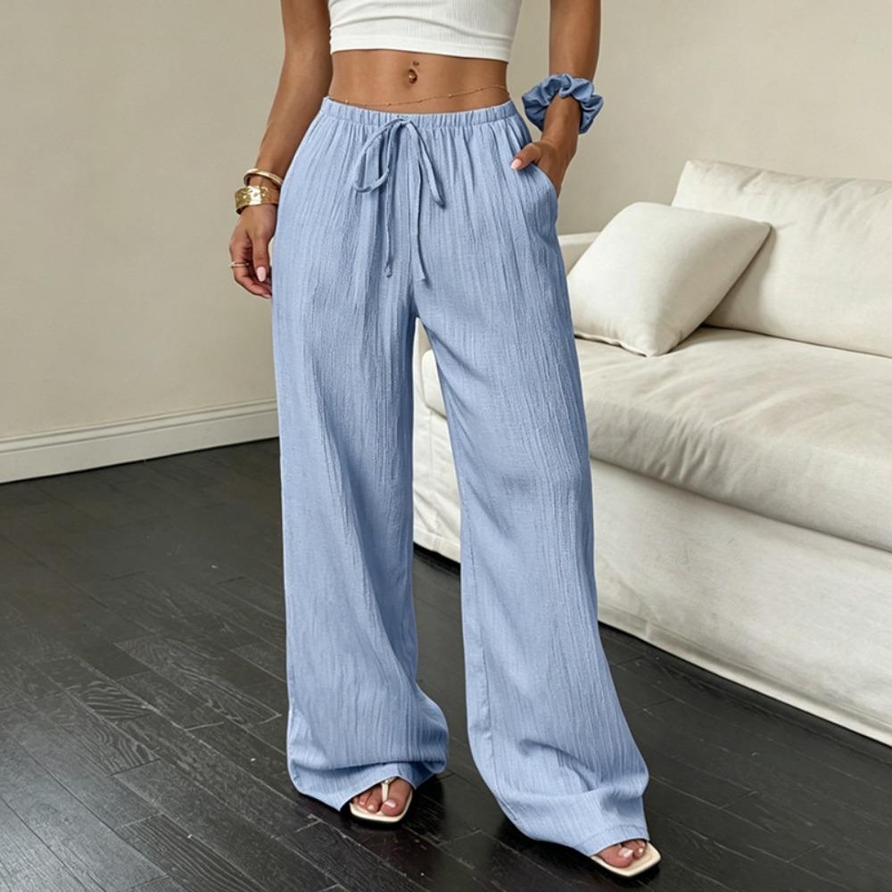 Damen Uni Strukturierte Weite Hosen, Knoten Taille Schrägtasche Lässige Lockere Hosen
