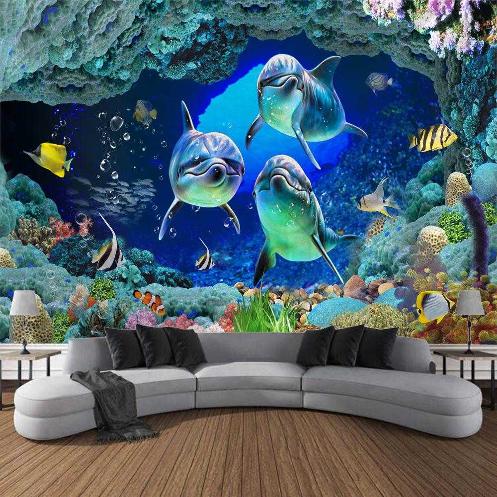 Undersea print tapestry psychedelic room decoration wall hanging ocean coral dolphin home wall decoration cartoon mural