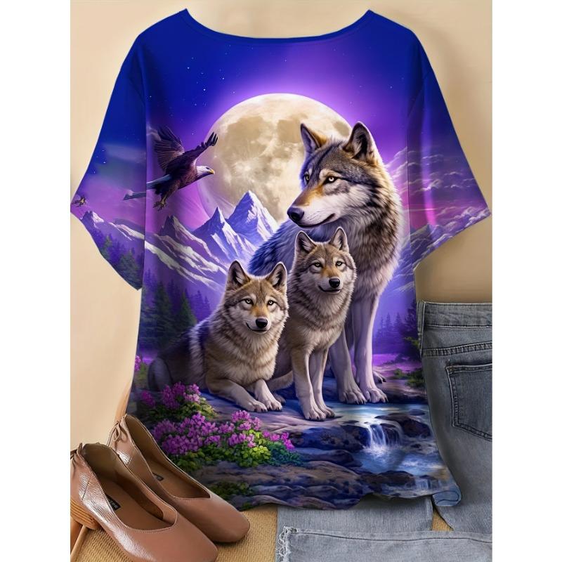 Round neck short-sleeved summer tops, casual outdoor wear, casual and elegant summer tops | Fantasy printed tops in stretch fabric S