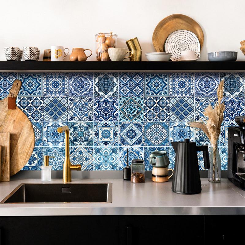 Portuguese Tile Stickers 24pcs Antique Portuguese Design Tile Stickers Self-Adhesive Waterproof Self-Adhesive Vintage Tile Peel