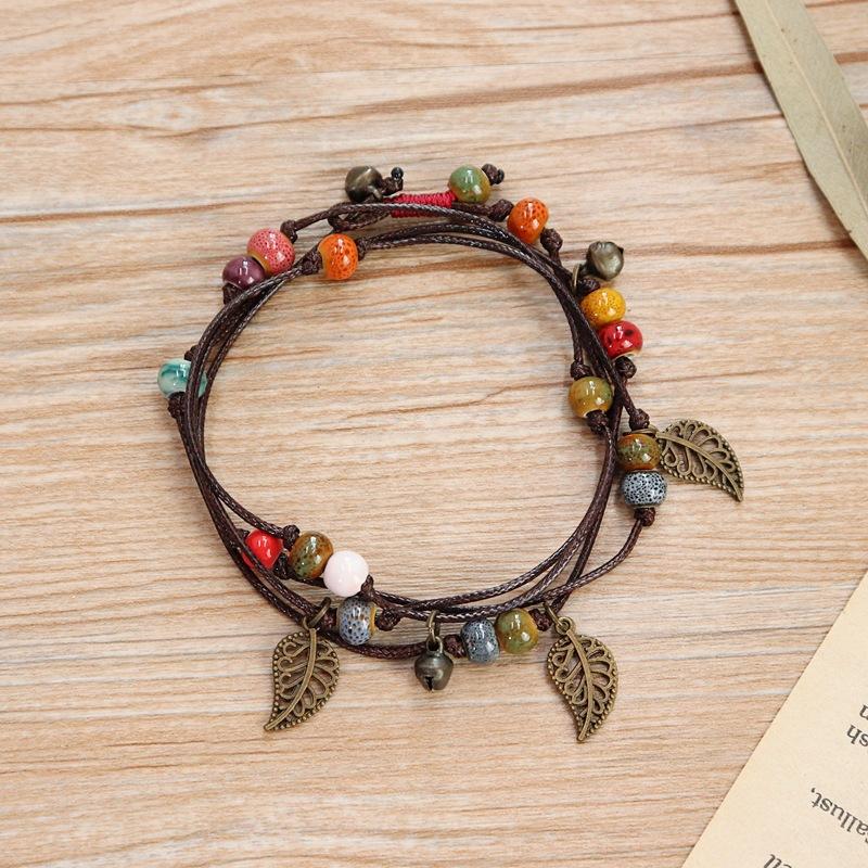 BLINGBAY Women's Bracelet Retro Bohemian Style Ceramic Bracelet Sweet Style Bell Leaf Shape Versatile Multi-Loop Bracelet Jewelry Gift