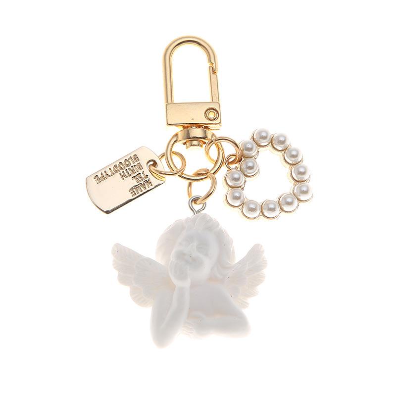 Creative Vintage White Angel Keychain Women Girl Cute Mini Pearl Heart Key Chain Car Key Ring Holder Trinket Bag Charms Jewelry