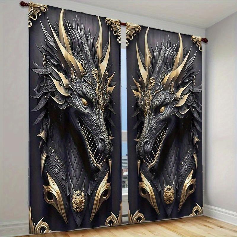 2pcs Dramatic Dragon Print Curtain  Blackout Fabric  Living Room Bedroom Window Decor  Rod Pocket Drape