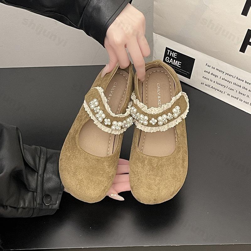 Women Mary Jane Single Shoes 2025 New Spring Summer New Pearl Shallow Mouth Fashionable Outdoor Comfortable Anti Slip Flat Shoes