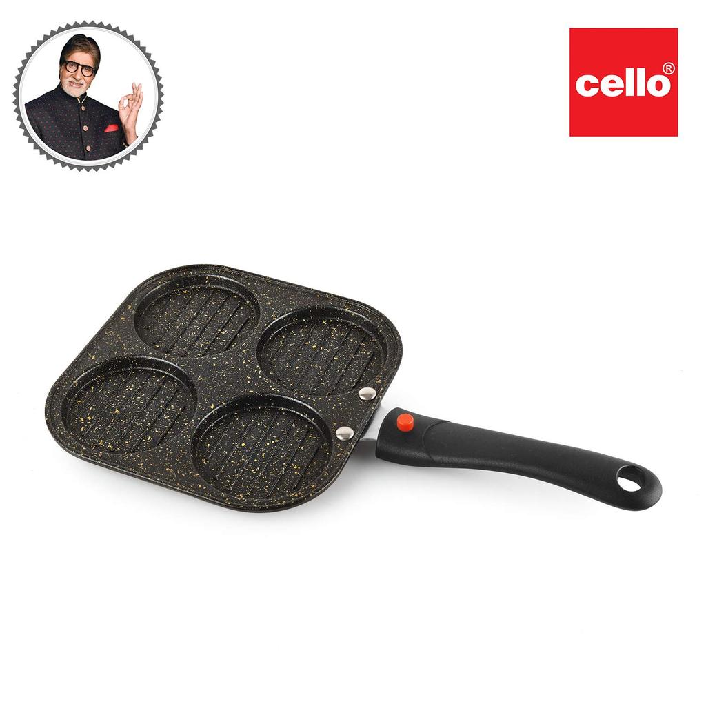 CELLO Non Stick Appam Uttapam Maker Pan With 4 Cavities For Gas Stove Cooking In Golden Finish