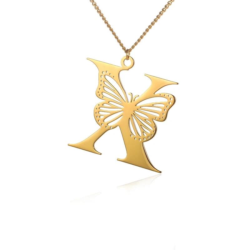 Dainty Big Butterfly Letters Necklaces For Women Girl Jewelry Stainless Steel Chain Initial Pendant Necklace Best Accessories