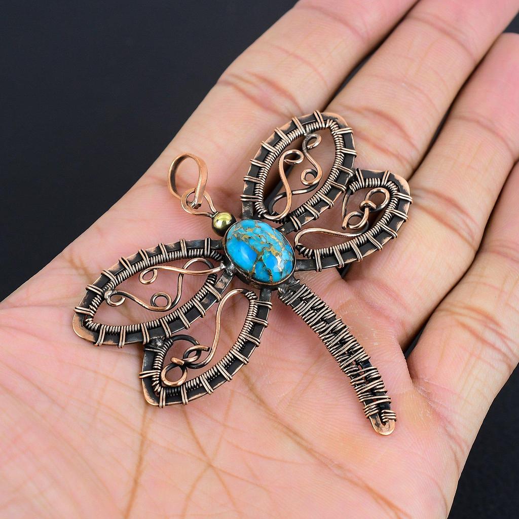 Blå kopparturkos Handgjord Ädelstenshänge, 999 Koppartråd lindat Hänge Antika Smycken, För Förlovningsgåva
