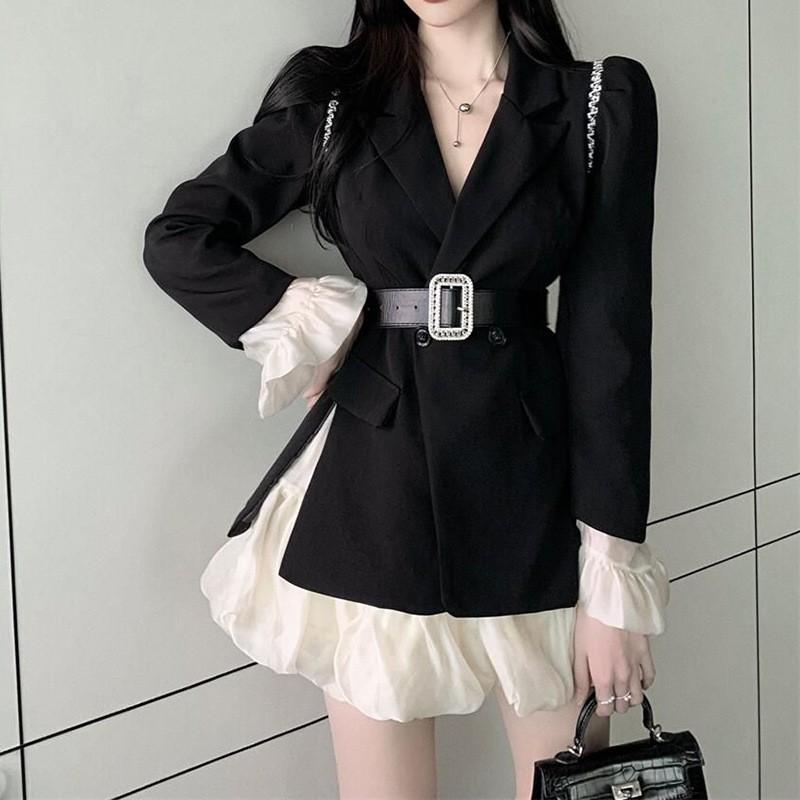 Womens Diamond-embellished Suit Set Fitted Blazer High-waist Mini Skirt Two-piece