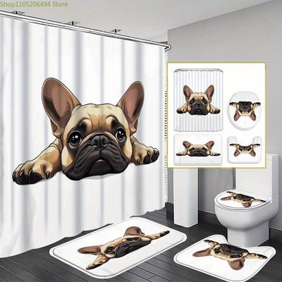 1/3/4pcs Cute Bulldog Shower Curtain Set with & Toilet Lid Cover - 180x180cm Bathroom Decor, 12 Hooks, Cartoon Style, Polyeste