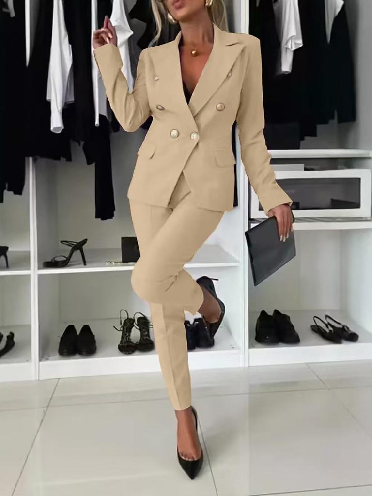 Women's Double Breasted Slim Fit Blazer and Trousers Suit Set