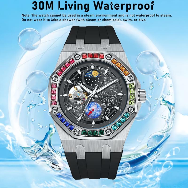 Dulunwe Męski automatyczny zegarek Starry Sky Moon Phase Color Diamond Big Tarcza Silikonowy pasek Luksusowy biznesowy wodoodporny zegarek na rękę
