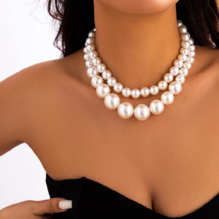 2 PCS Statement Bead Chain Necklace Elegant Pearls Beads Necklace Short Necklace