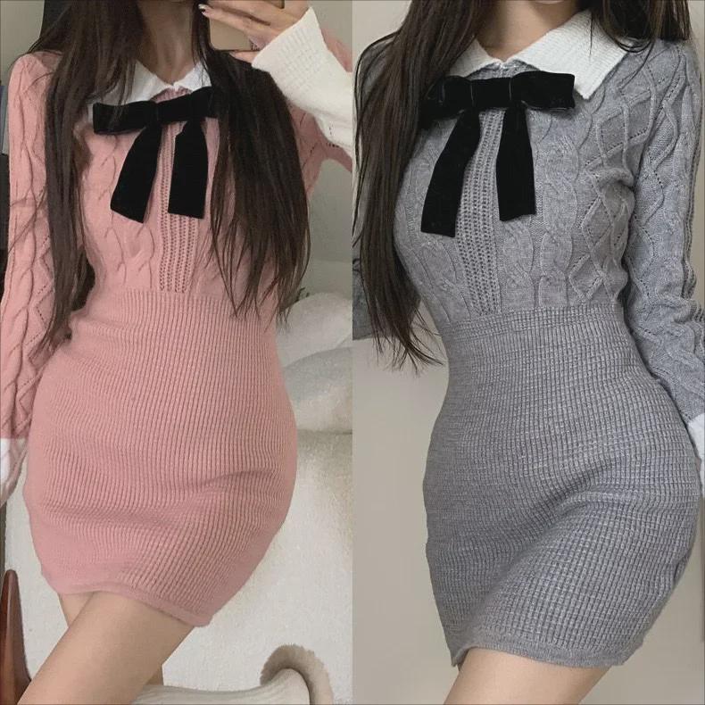 2022 New Women's College-Style Long-Sleeve Knitted Skirt - Korean Version for Autumn/Winter