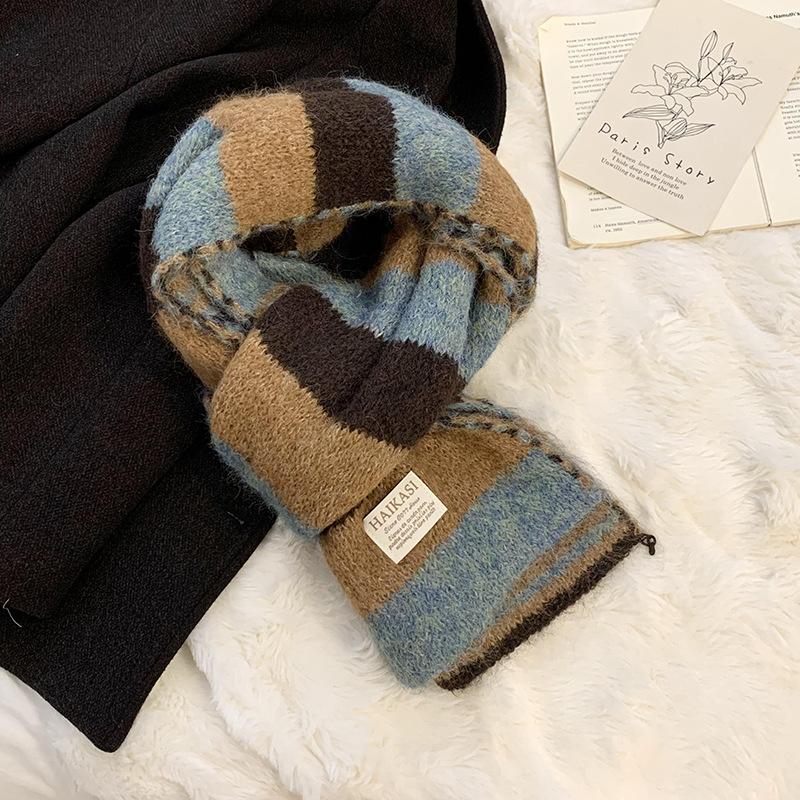 Scarf autumn and winter new college style contrasting color striped wool knitted scarf warm scarf versatile shawl