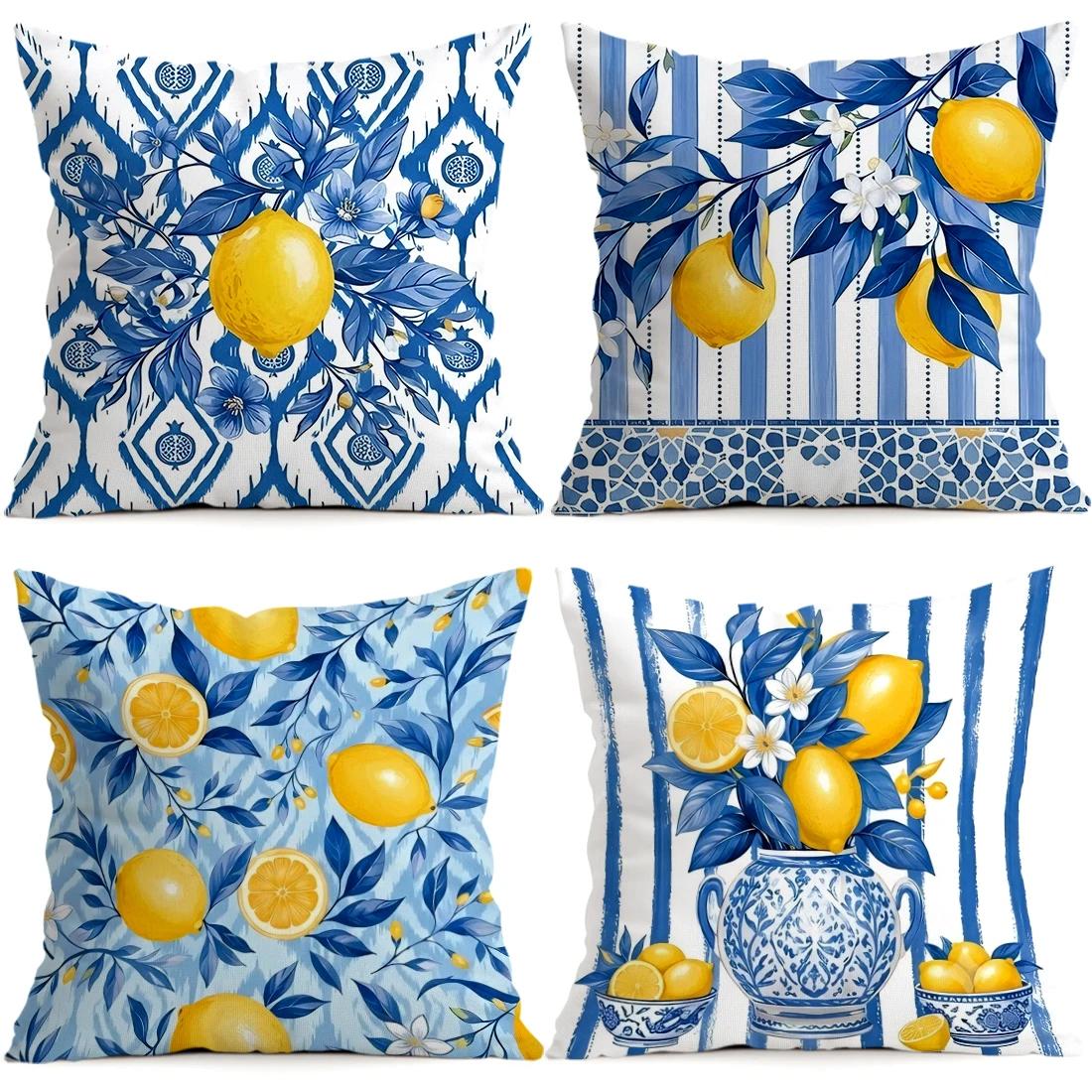 Jmg Clothing Unisex Blue 1Pcs/4Pcs Summer Lemon Cushions Pillowcase Polyester Cushion Cover Throw Pillow Pillowcover Home Car Sofa Decor