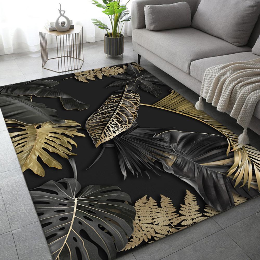 Pflanzenblätter Teppich Schwarz Gold Mode Eingangstür Fußmatte Fußabtreter Rutschfeste Fußmatte Wohnzimmer Dekor Teppich