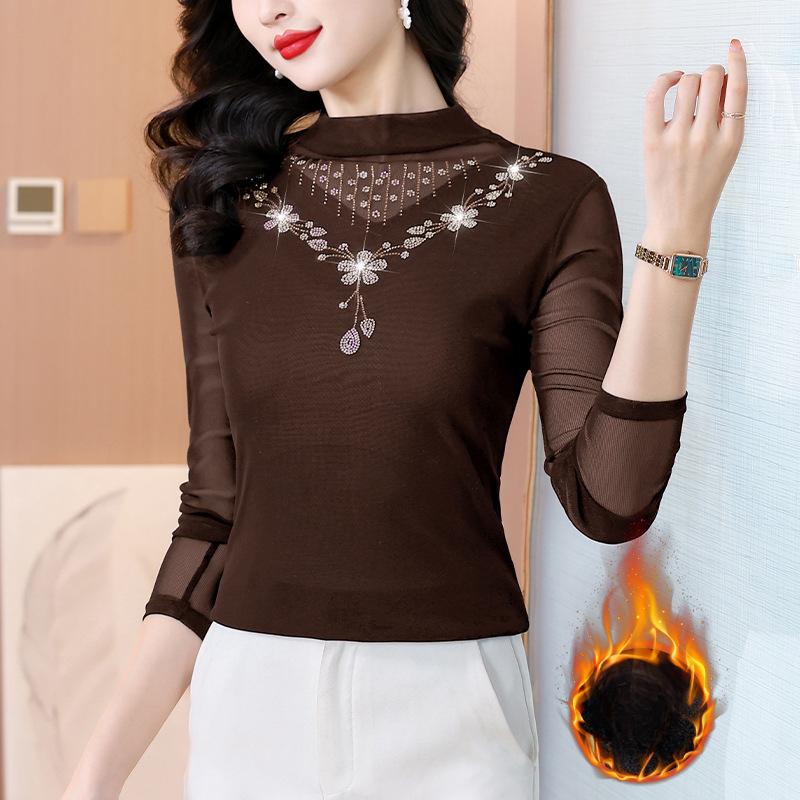 Síťované spodní triko s dlouhým rukávem pro dámské zimní oblečení Nový styl Plyšový zesílený design Vnitřní Slim a módní top