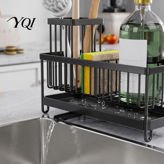 Detachable Compartment Rack Sink Caddy Organizer with Drain Tray, Durable Carbon Steel Sponge Holder, Kitchen Gadget Storage Space Saving for