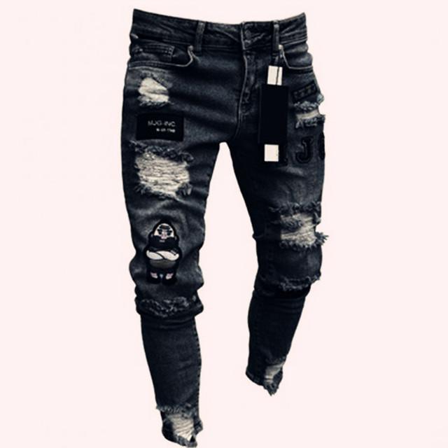 Jeans da uomo con stampa ricamata, skinny, strappati, elasticizzati, con foro distrutto, jeans slim fit in denim graffiato