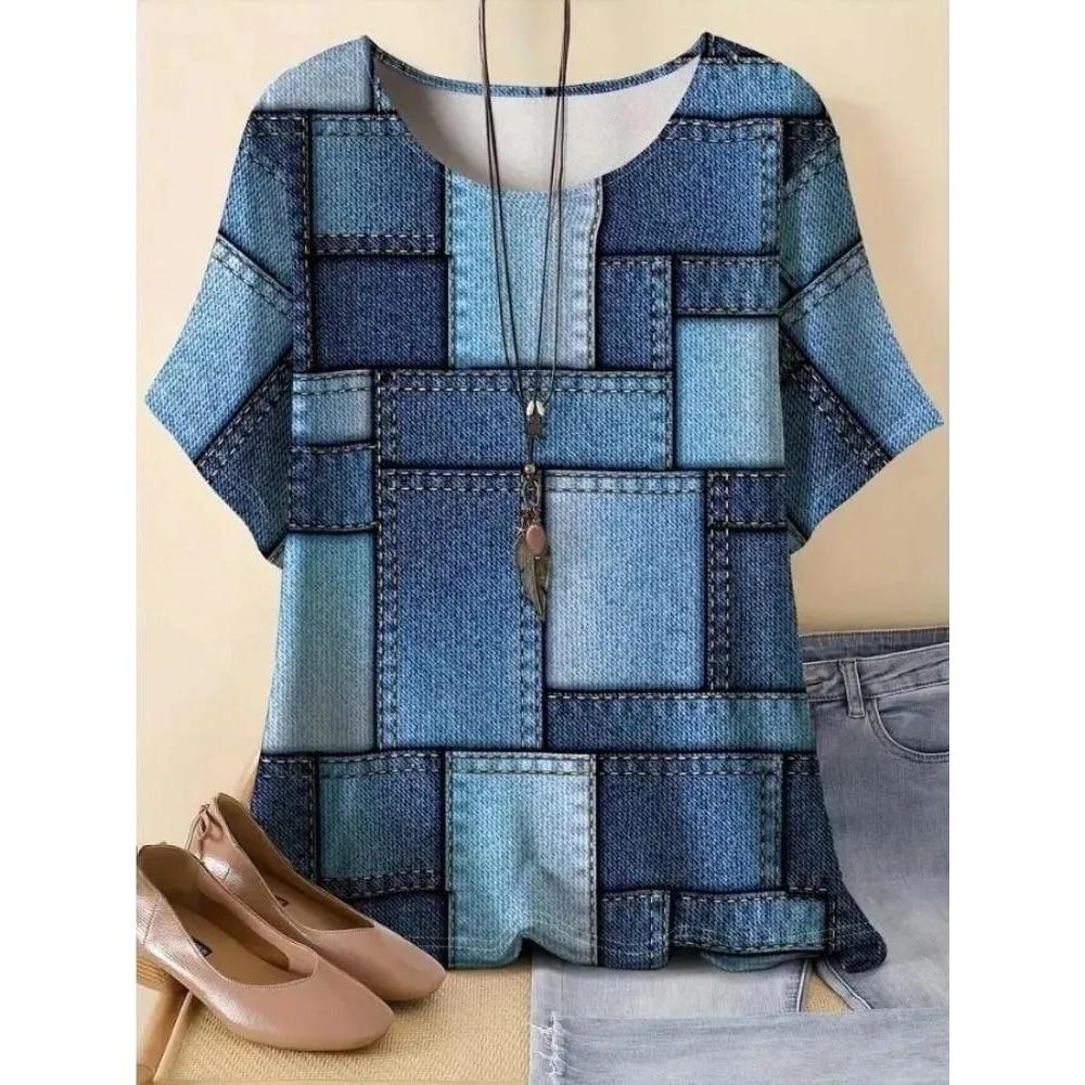 Women's Fashionable Breathable Round Neck Striped Grid Short Sleeved T-shirt Comfortable Soft Breathable Loose Summer Plus Size T-shirt