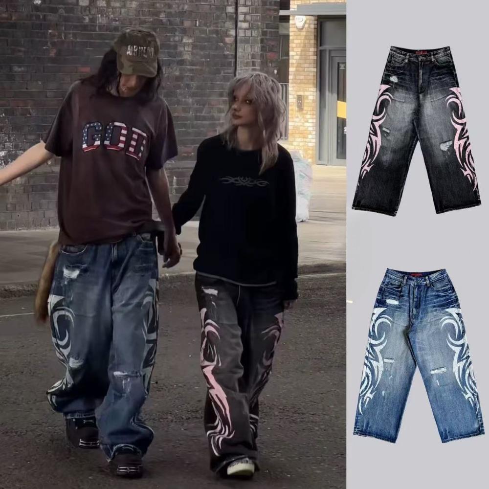 Y2K American Vintage Mottled Totem Print Baggy Jeans Women's High Waist Wide Leg Jeans Women's Harajuku Trendy Hip-hop Jeans