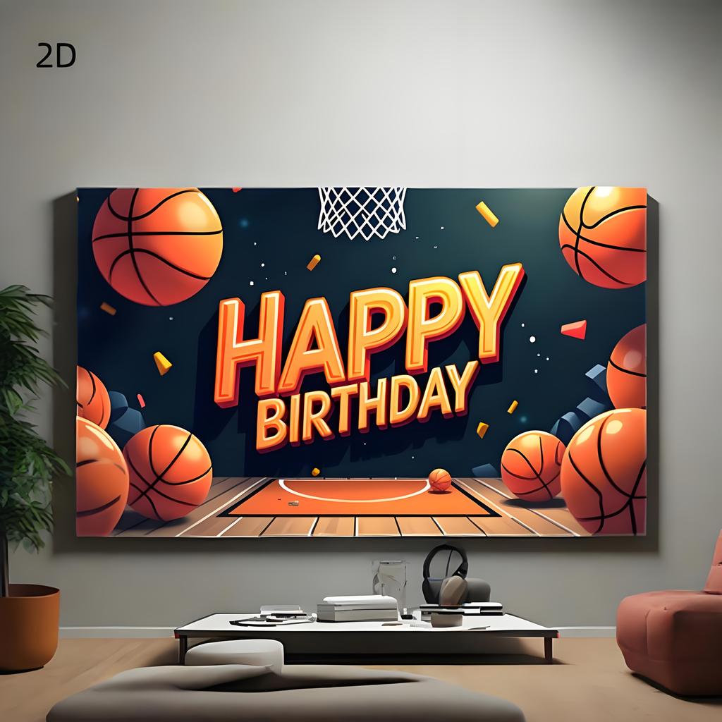 2D basketball-themed birthday banner - Polyester decoration, vivid basketball court design, indoor and outdoor celebration