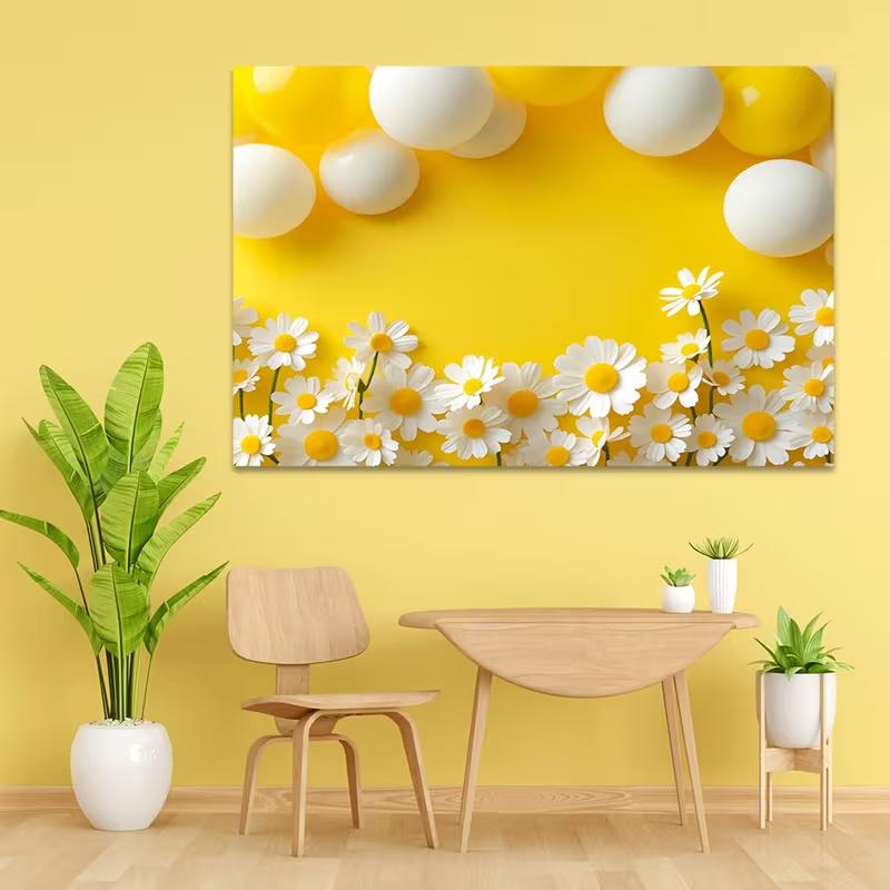 Lebendiger Gelber Gänseblümchen- und Luftballon-Hintergrund, Florale Szene, Fotografie-Hintergrundtuch