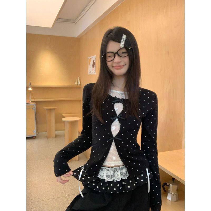 Женская корректирующая кружевная футболка с длинным рукавом в горошек - Черно-белая, Корейский стиль, Весенняя коллекция Medium