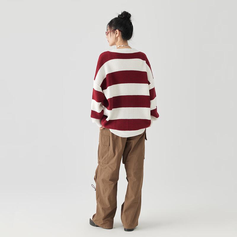 GOLFCROSS Unisex Striped V-Neck Oversized Knitted Cardigan